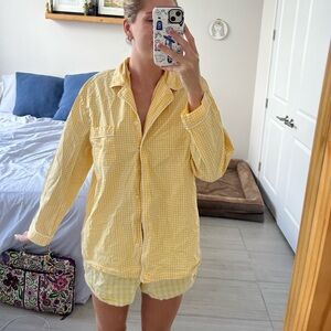 victoria’s secret long sleeve button down sleep shirt in white and yellow